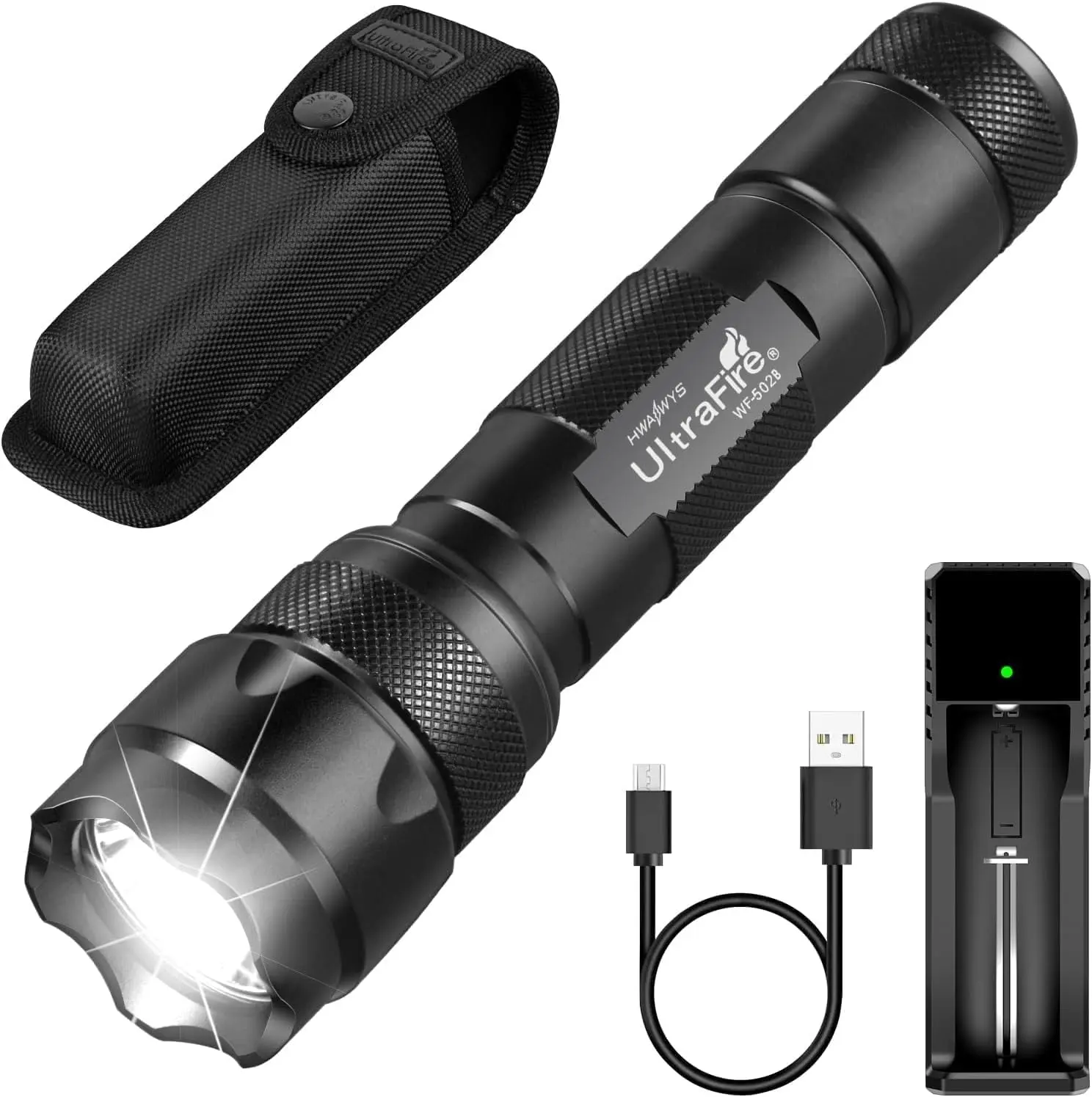 Ultrafire WF-502B Black Tactical High Lumen Rechargeable Single Mode LED Flashlight, 1000 Lumen EDC Lighting Torch for Adults, Includes USB-Rechargeable 2600mAh 18650 Cells, Secure Holster, Pouch
