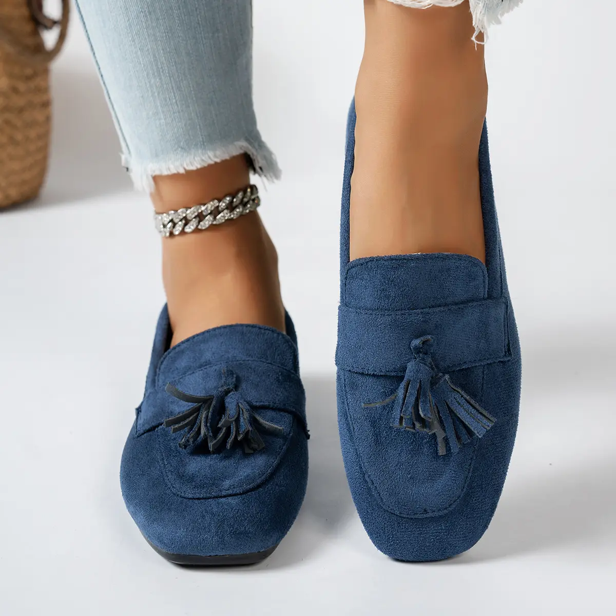 Women's Classic Faux Suede Tassel Loafers, Comfortable Slip-On Walking Flats, Vintage Denim Blue Casual Shoes, Ideal for Work, Daily Wear & Unburdened Fashion