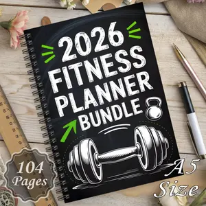 A weight loss journal with a spiral notebook design, used for tracking fitness progress, body measurements, weight loss and workouts. It features a design of dumbbells and kettlebells on a blackboard background.