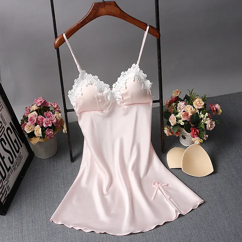 With Chest Pad New Summer Silk Women's Sling Pajamas Slim-Fit Sexy Charming Silk Nightdress V-neck Bottoming Dress Loungewear Nightwear