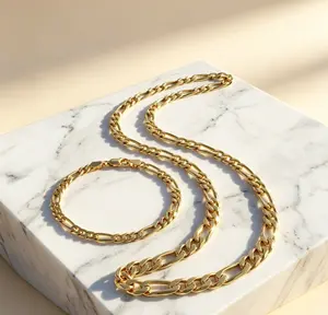 8mm Gold Tone Chain Bracelet and Necklace Set 2pcs – Elegant Gift for Men Women, Ideal for Christmas or Wedding
