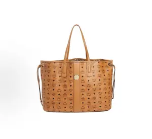 Pre-owned MCM Large Cognac All Over Logo Tote Bag with Detachable Pouch