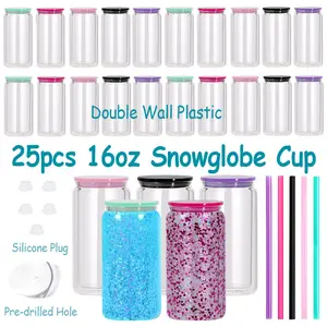 25 PACK 16 oz Double Wall Acrylic Snow Globe Tumblers with Pre-drilled Hole & Silicone Plug for DIY Glitter Projects BPA Free Cold Drinks Water Cups Bottles Drinkware Plastic snow globe glitter diy