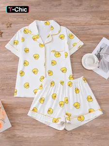 Women's Casual Duck Print Pajama Set, Homewear Pjs, Loungewear, Short Sleeve Lapel Top & Elastic Shorts, All-Season Comfortable Sleepwear