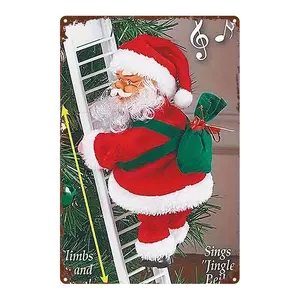 2D Flat, 1pc Vintage Santa Claus Climbing Ladder Metal Wall Sign - 8x12 Inch (20x30cm) Iron Retro Christmas Decoration with Bilingual English/Chinese Text, Flat Sheet for Home, Bar, Cafe & Holiday Decor - Easy Mounting Holes, 2D Flat