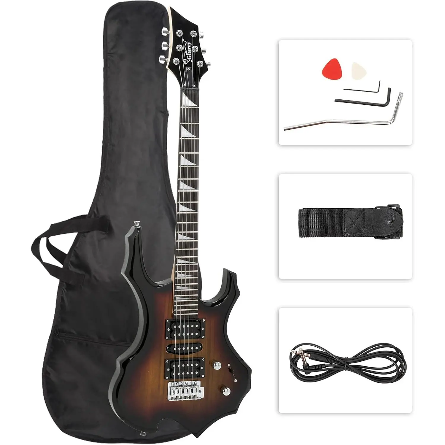 Glarry Fire-Style Basswood Electric Guitar Kit with Accessories Pack - Sunset Color, Guitar Picks, Shoulder Strap, Portable Bag, Amplifier Cord, Tone Knob, Beginner Enthusiasts' Christmas Gift