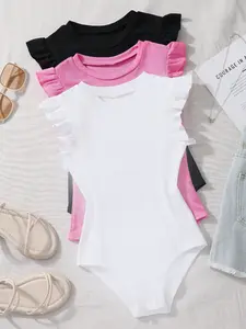 3-piece solid color jumpsuit for young girls, knitted casual versatile all season, suitable for home travel and leisure