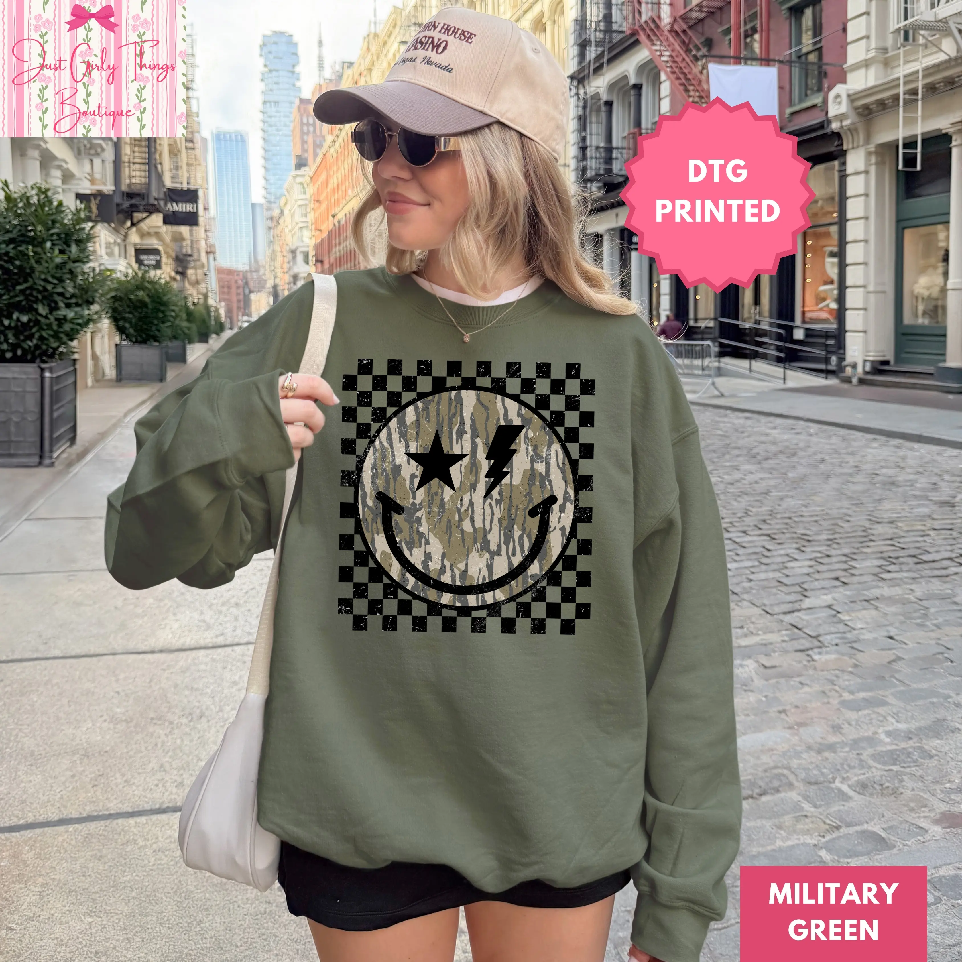 Camo Checkered Smile Face Sweatshirt, Camo Checkered Happy Face Sweatshirt, Camo Smile Face Sweatshirt, Camo Happy Face Sweatshirt, Camo Sweatshirt, Yallternative Band Sweatshirt, Country Concert Sweatshirt, Preppy Western Sweatshirt, Rodeo Sweatshirt