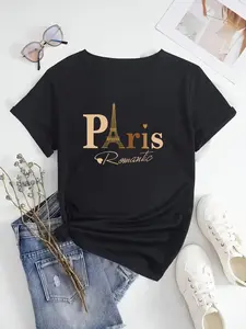 Paris Eiffel Tower Graphic Tee - ‘Romantic’ Script with Heart Accents on Black & White,Four-season casual short-sleeved T-shirt - suitable for both men and women. Basic layering piece. Soft and comfortable.