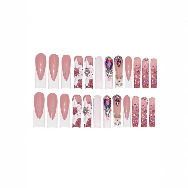 White French Tips Press on Toenails Colorful Gem Press on Nails Long Square False Nails with Flower Charm Design Pearl Fake Toenails Glossy Spring Summer Fake Nails for Women Girls Manicure 48Pcs