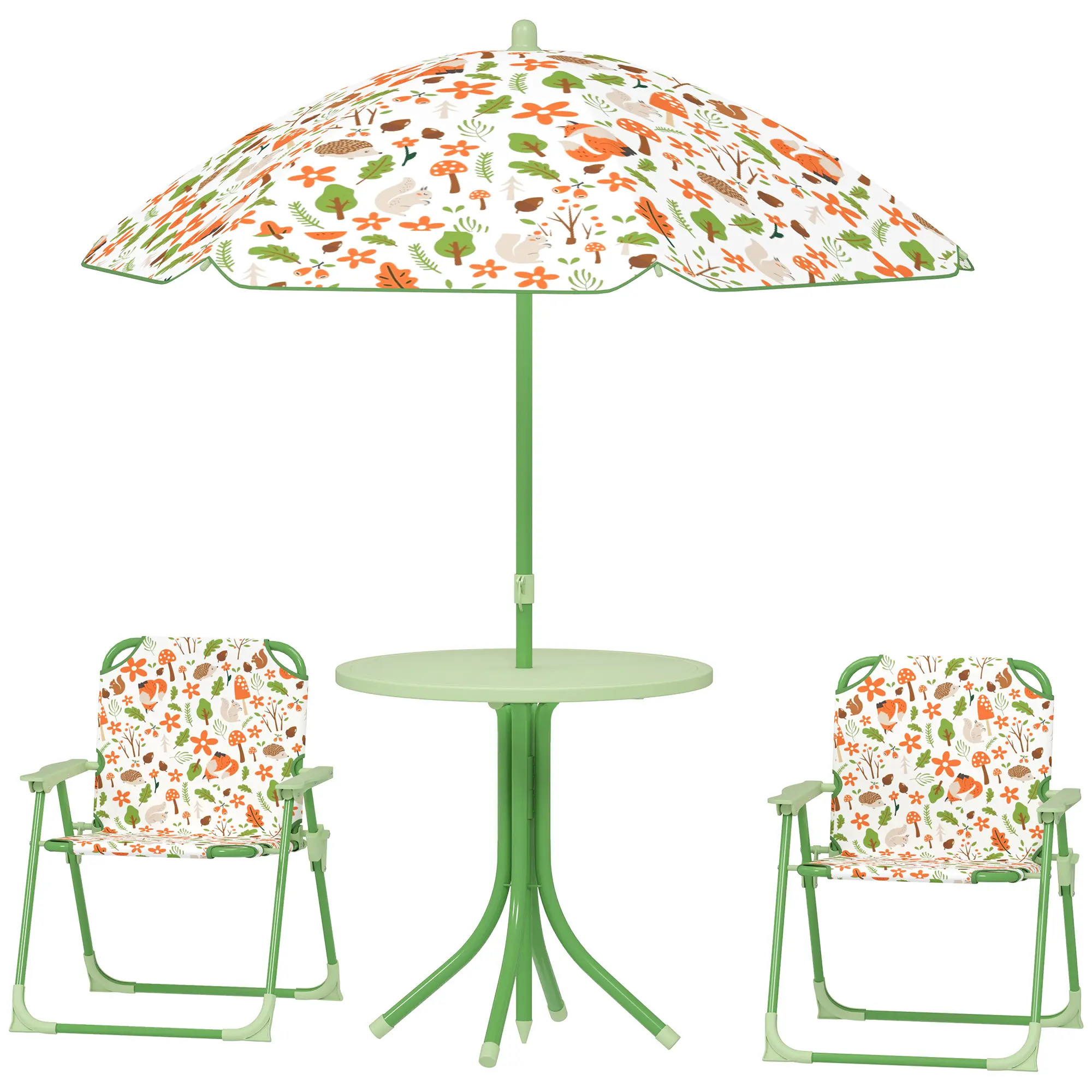 Kids Outdoor Furniture Set - Picnic Table with Foldable Chairs and Removable Umbrella, Backyard Use, Green