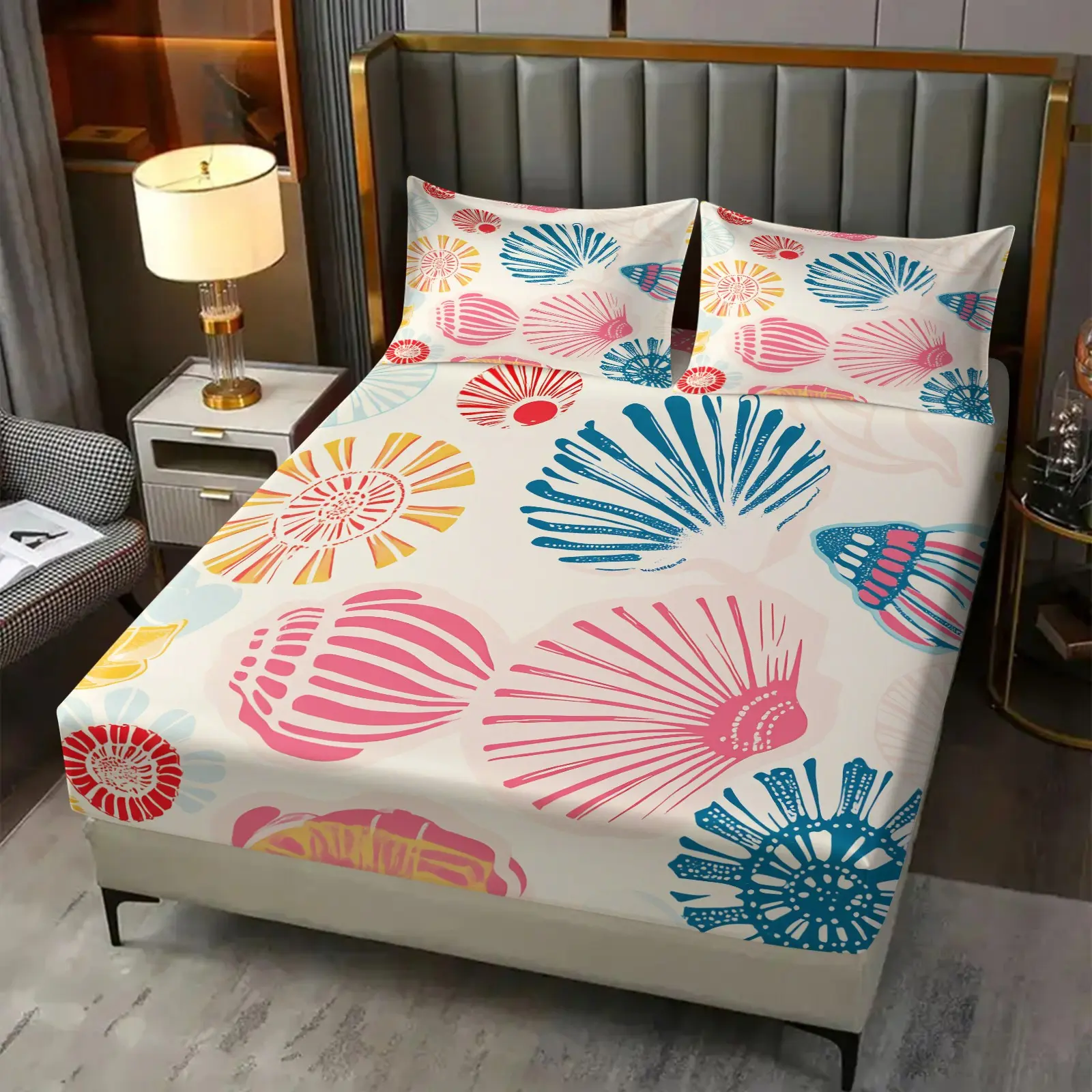 Colorful Ocean Theme Colorful Seashell Fitted Sheet Set, Bohemian Shell Print Design, Includes 2 Pillowcases, Durable Non-Slip Mattress Protector, All-Season Bedroom Decor