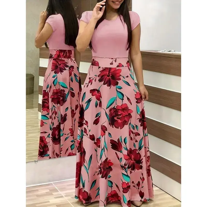 Women'S Plus Size Floral Print Colorblock Midi Dress with Short Sleeves - Elegant Crew Neck, Medium Stretch Polyester Fabric, All-Season Wear Women'S Plus Size Floral Print Colorblock Midi Dress with Short Sleeves - Elegant Crew Neck, Medium Stretch Polyester Fabric, All-Season Wear
