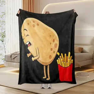 60"x80" Funny Potato & Fries Cartoon Throw Blanket, Novelty Food Lover Flannel Blanket, Soft Cozy Humorous Snack Themed Blanket for Teens & Adults