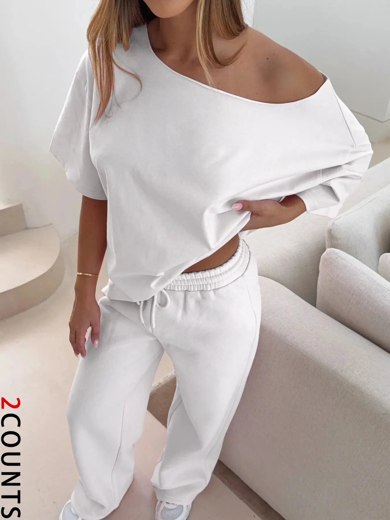 2 Piece Women's Basic Casual Aesthetic Solid Color off Shoulder Loose Fit T-Shirt and Drawstring Waist Pants Matching Set, Flattering Relaxed for All Seasons Outfit