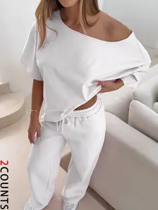 2 Piece Women's Casual Solid Color off Shoulder Loose Fit T-Shirt and Drawstring Waist Pants Set, Casual Matching Set, Flattering Relaxed for All Seasons