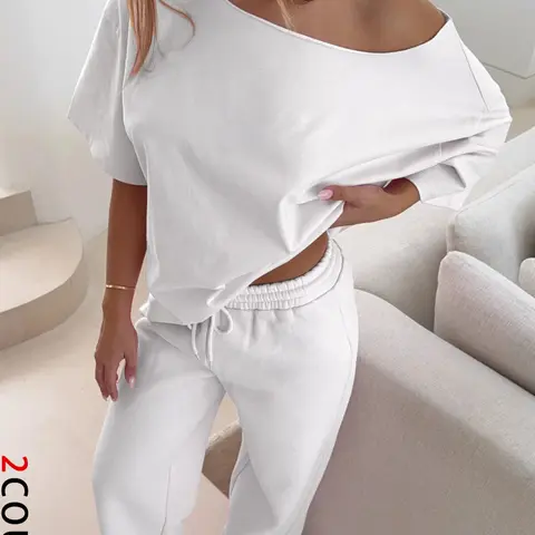 2 Piece Women's Casual Minimalist Basic Solid Color off Shoulder Oversized Loose Fit T-Shirt and Adjustable Drawstring Waist Pants Set, Co Ord Set, Flattering Relaxed Womenswear for All Seasons Clothes, Fashion Clothing Set