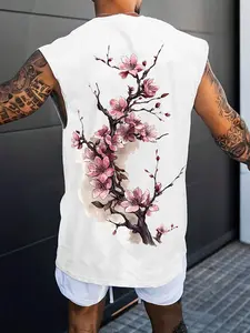 Men's Sleeveless Graphic Tee, Casual Loose Fit Vest, Tokyo & Sakura Print, Summer Vacation Wear, Daily Comfortable Top