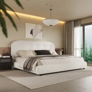 Queen Size Upholstered Platform   - Boucle Upholstered, with Headboard & Footboard, Soft Rounded Corners & Curved Edges, Modern Design.Available in , Suitable for Bedroom.Fits Full/Queen/King Size Mattresses, Stylish & Practical for H