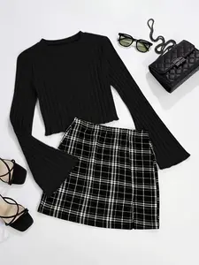 Sexy Women's Fashion Round Neck Long Sleeve Bell Sleeve T-Shirt Plaid Skirt Set, Stylish Casual