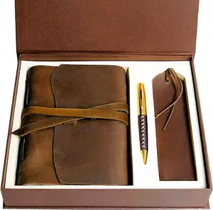Leather Journal Gift Set with Antique Leather Bookmark + Pen, Handmade Writing Notebook 7x5 Inches Unlined Leather Bound Daily Notepad For Men For Women, Luxury Gift Box Diary for all ages