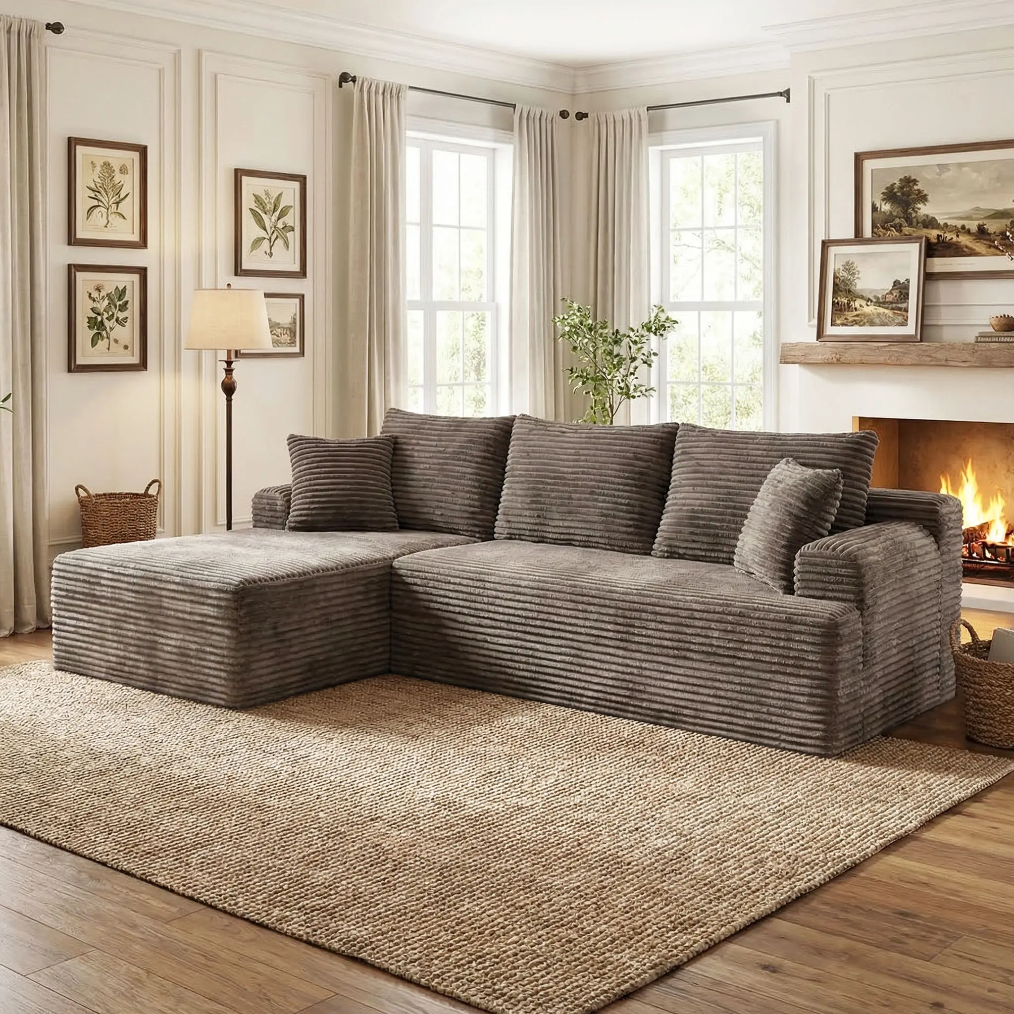L-Shaped Modular Sectional Sofa with Chaise, Boneless Comfy Corduroy Fluffy Couch with Deep Seat and Side Pockets, Flexible Module Combination for Living Room, No Assembly