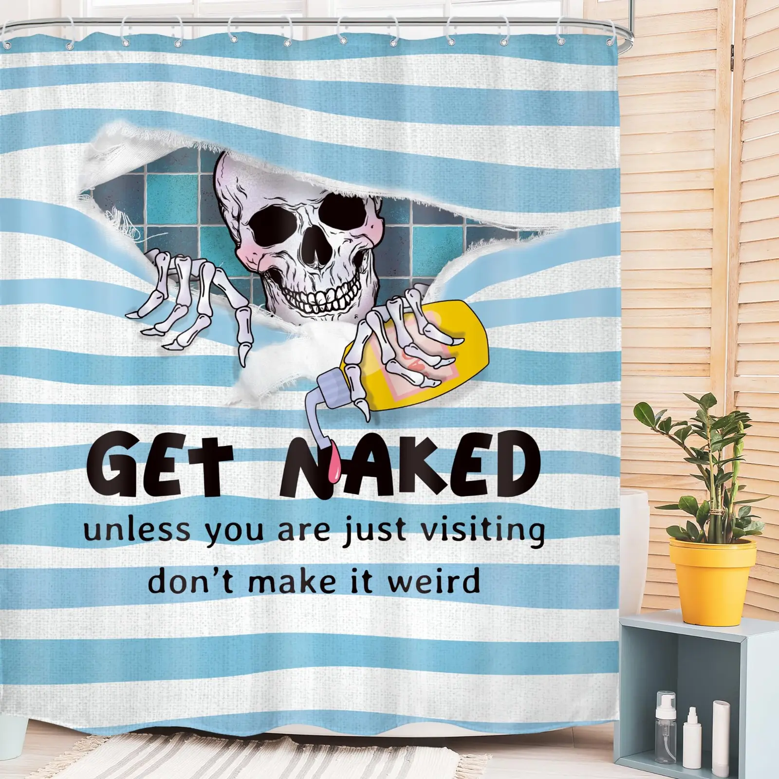 Funny Skull Skeleton Shower Curtain Gothic Cool Get Naked Spooky Fun Bone Unique Hilarious Blue Scary Horror Men Kids Adult Bathroom Decor Modern Bath Curtain Fabric Polyester with Hooks