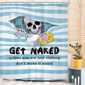 Funny Skull Skeleton Shower Curtain Gothic Cool Get Naked Spooky Fun Bone Unique Hilarious Blue Scary Horror Men Kids Adult Bathroom Decor Modern Bath Curtain Fabric Polyester with Hooks