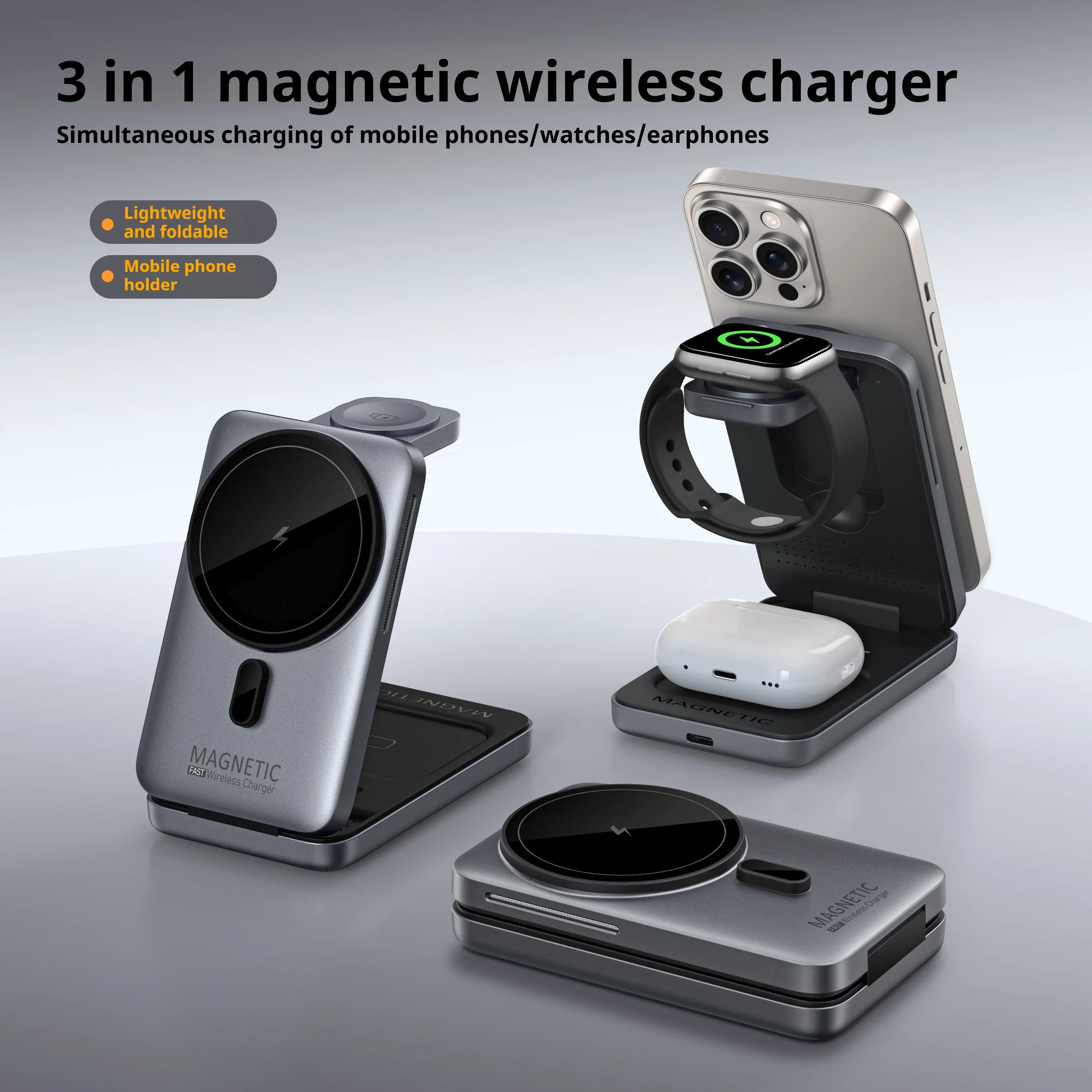 Portable Foldable Magnetic 3-in-1 Wireless Charger Fast Charging Multi-functional Phone Holder for Phones Watches & Headphones Lightweight Foldable Design wireless  iphone  charger portable  charger Foldable Multi-Device Wireless Charger Station tiktoksho