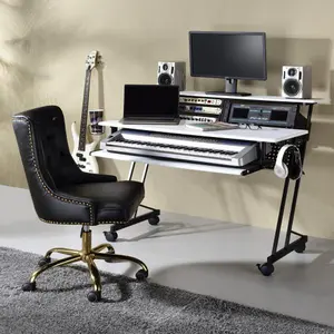 White and Black Music Recording Studio Desk with Metal Base -B062P209213