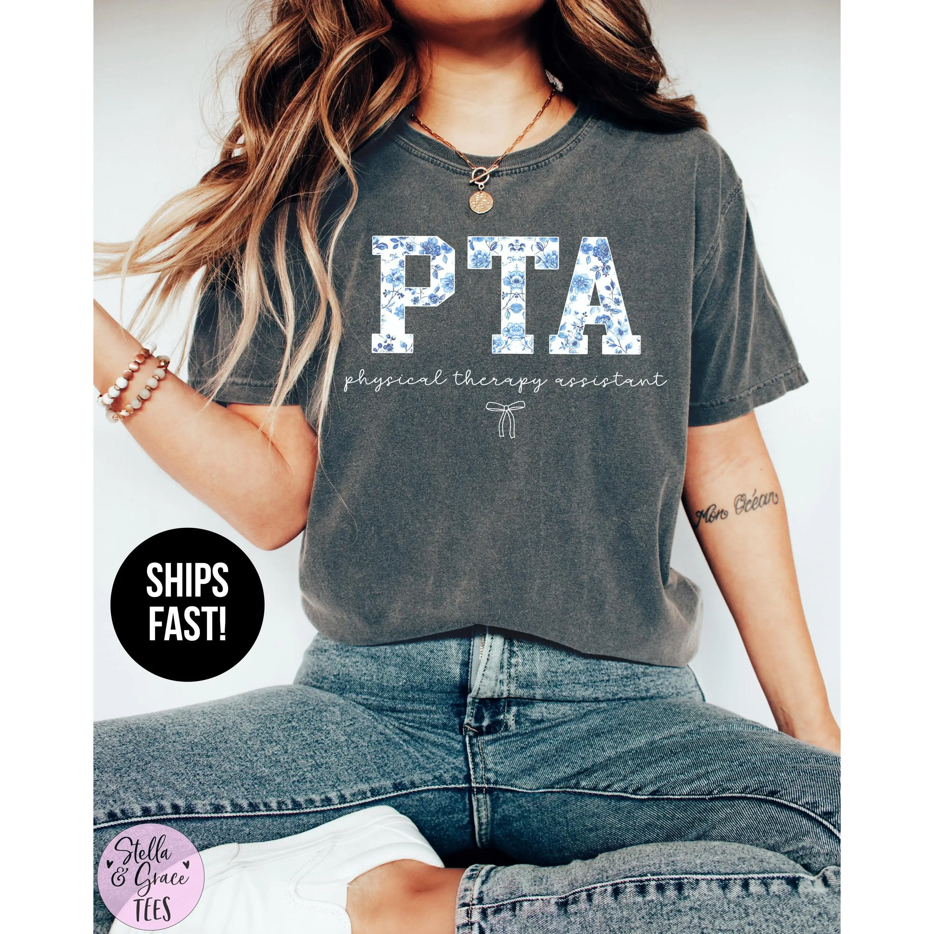 Comfort Colors® Physical Therapy Assistant Shirt, Blue Toile PTA T-Shirt, Physical Therapist Gift, Pediatric PTA Tee, Retro PTA Apparel Fabric Top Womenswear Fit