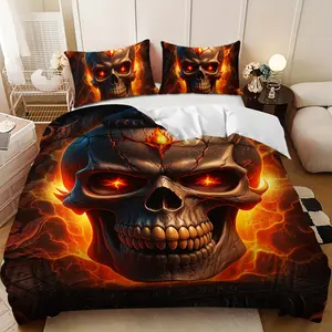 Bedding 3-piece set - 3PCS,Orange-red Flame Skull Snake Design Down Comforter Set (1 comforter cover + 2 pillowcases, filling not included) - soft and comfortable, suitable for family bedrooms.