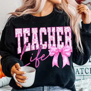 Teacher Life Floral Pink Bow T-Shirt, Sweatshirt & Hoodie - Coquette Style, Varsity Teach Top, Teacher Gift