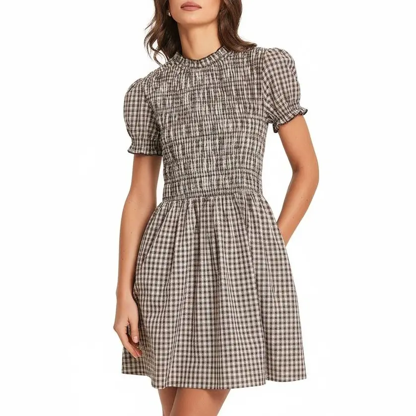 Women's Smocked Puff Sleeve Gingham Mini Dress, Cottagecore Shortsleeve Breathable Lightweight Dress for Casual Wear and Parties