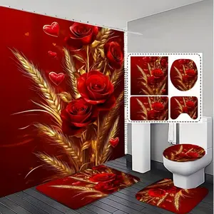 4PC Bathroom Shower Curtain Set - Red Roses & Wheat Ears Design, U-Shaped Mats, Toilet Seat Covers, 12 Hooks, Quick Dry, Machine Washable, Bathroom Decor Ideas