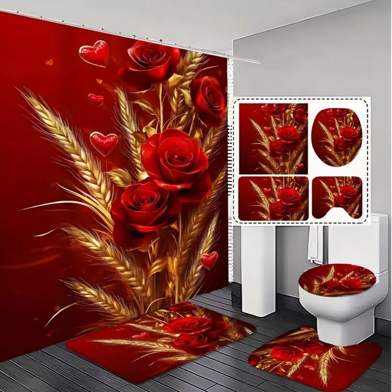 4PC Bathroom Shower Curtain Set - Red Roses & Wheat Ears Design, U-Shaped Mats, Toilet Seat Covers, 12 Hooks, Quick Dry, Machine Washable, Bathroom Decor Ideas