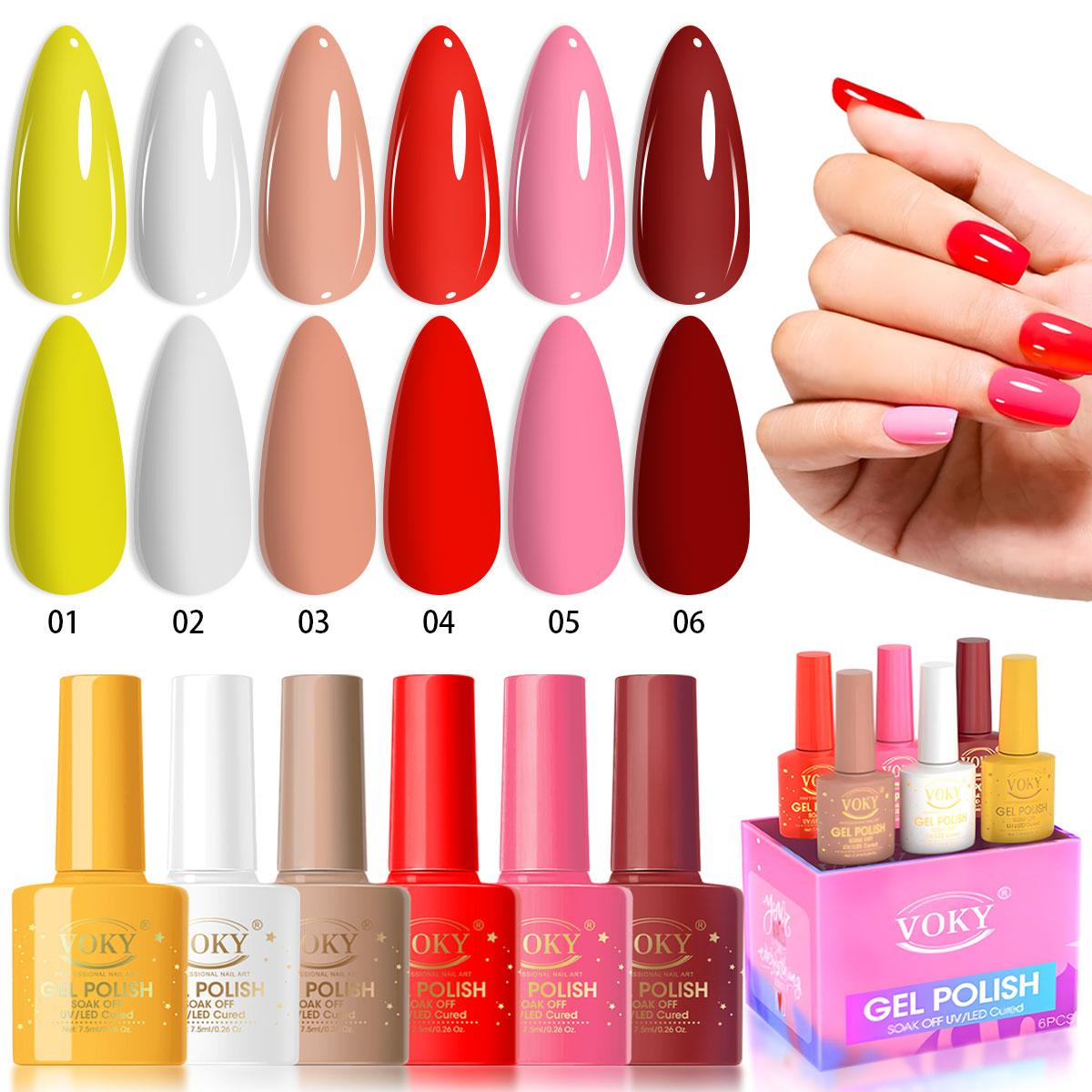 VOKY 6 Pack Gel Nail Polish Set #01-06 - Essential Classic Collection, Yellow White Nude Red Pink Wine, UV LED Soak Off Everyday Office Nail Art Kit, 5-Free Long Lasting High Gloss