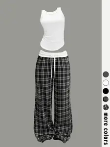 Comfortable Home Wear Set, Tank Top Pants, Striped Fitted Suit, Casual Style, All Seasons, Soft and Fashionable, Perfect for Lazy Days, Colorful Options, Plaid