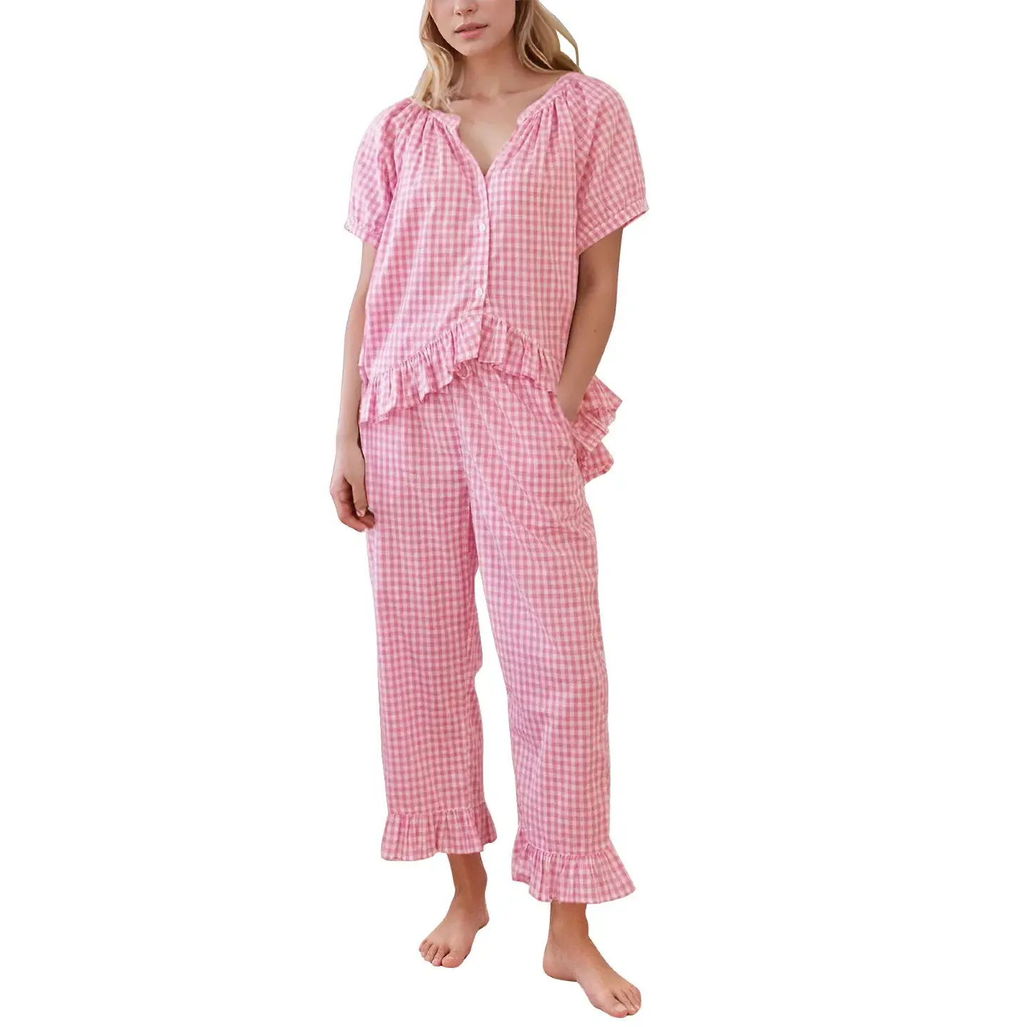 Womens Plaid 2 Piece Pajamas Sets, Cotton Gingham Button Down PJs, Puff Sleeve Babydoll Shirt Nightwear, Ruffle Pants Loungewear, Cute Womenswear Skin-friendly Fabric Homewear