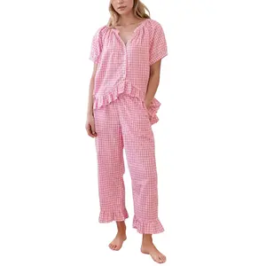 Womens Plaid 2 Piece Pajamas Sets, Cotton Gingham Button Down PJs, Puff Sleeve Babydoll Shirt Nightwear, Ruffle Pants Loungewear, Cute Womenswear Skin-friendly Fabric Homewear tiktokshopspringglowup