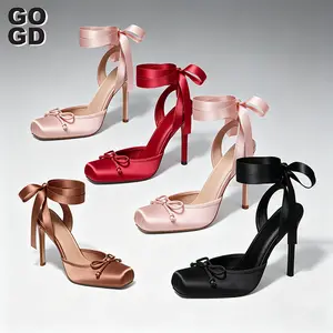 GOGD Women's Satin Ballet Heels Square Toe Stiletto Slingback Pumps Bow Lace Up Ankle Wrap Bridal Wedding Bridesmaid Party Date Night Spring Midnight Ballerina Dressy Shoes