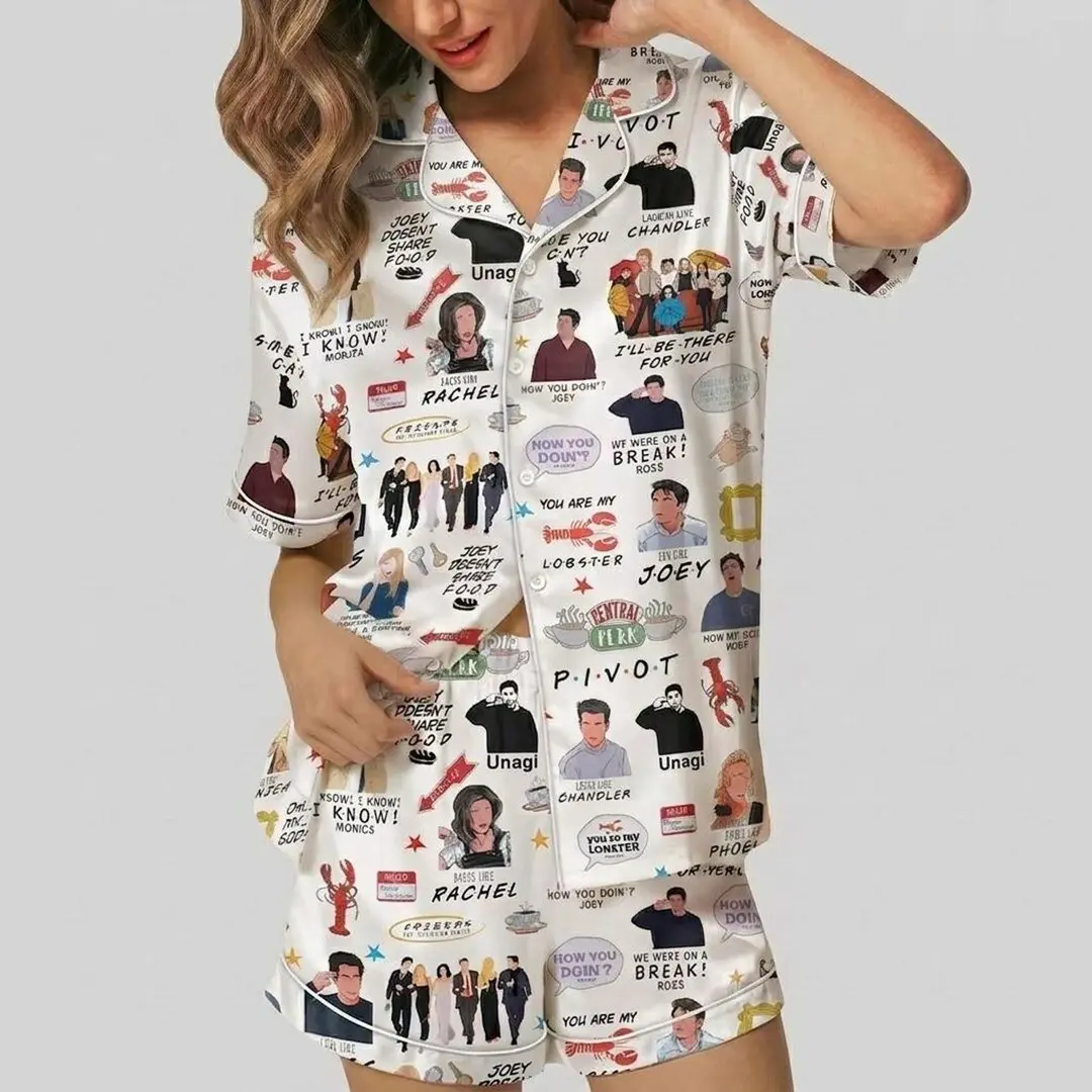 90s Sitcom Satin Pajama Set, Central Perk Coffee Shop Sleepwear, Friends Lounge Set