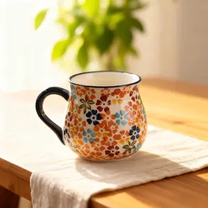 Fashionable Ceramic Coffee Cup with Handle, Hand-Painted Floral Design, Microwave Safe, Perfect for Holiday Gifts or Bar Decor