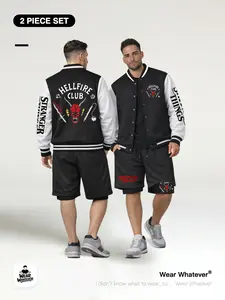 Stranger Things 「2-Piece Set」 Hellfire Club Baseball Jacket + Breathable Layered Shorts, Casual Fitted for Outdoor & Home Wear