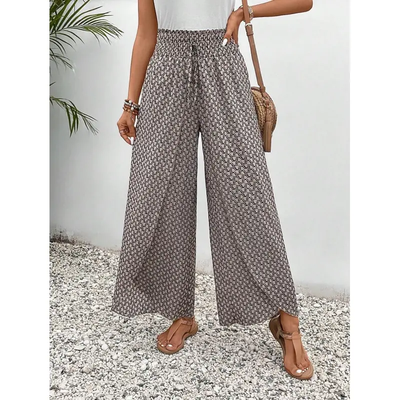 Women's Wide-Leg Pants, Vintage Printed High-Waist Bottoms with a Cross-Waist Tulip Hem, Loose-Fit Woven Fabric, Bottom, Piece, Baggy, Fashion, Retro, High Waisted Pants, Patterned Woven Pants