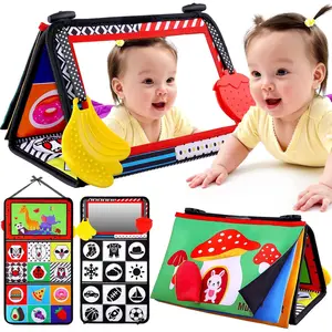 Baby Mirror Tummy Time Toys 0-6 Months Sensory Crinkle Baby Books Black White High Contrast Montessori Car Seat Toys for Newborn Infant Boy Girl Easter Basket Stuffers Gift