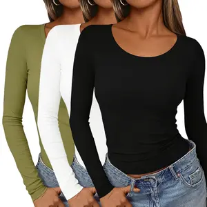 3PCS Women’s Y2K Long Sleeve Tops – Textured Knit Round Neck, Fitted Stretch Cinched Waist Look