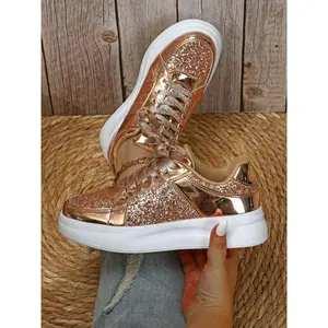 Women’s fashionable glitter sequin lace-up low-top sneakers—casual, comfortable sports running shoes with a round toe that are easy to match and suitable for daily wear.