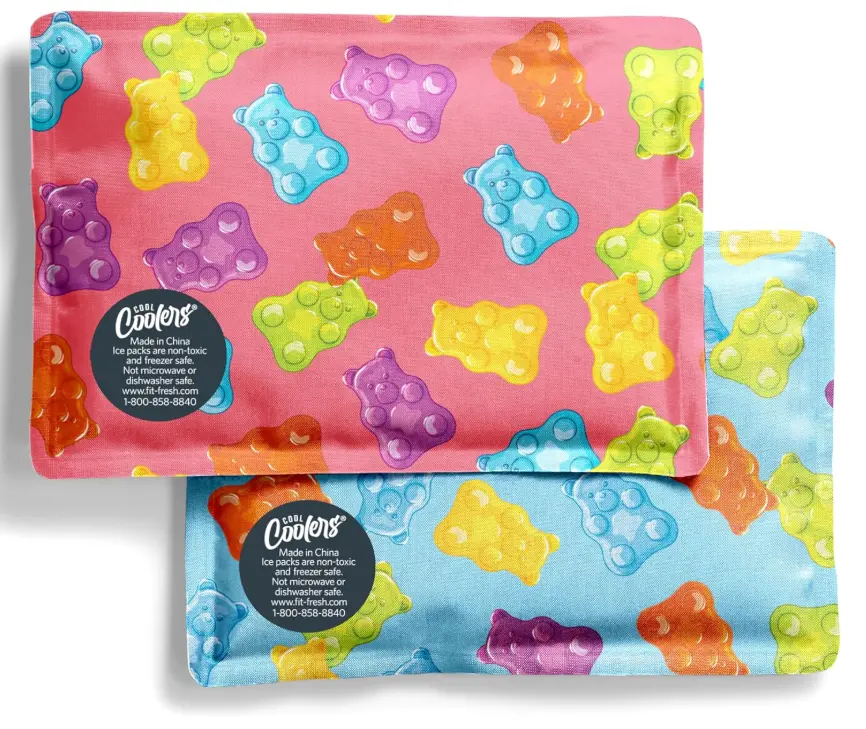 Cool Coolers 2 Pack Soft Ice for Lunch Bags, Flexible Stretch Nylon, Durable, Reusable Lunch Box Ice Packs, Soft Ice, Reusable Freezer Packs, Lunch Ice, Easy to Clean, Gummy Bears
