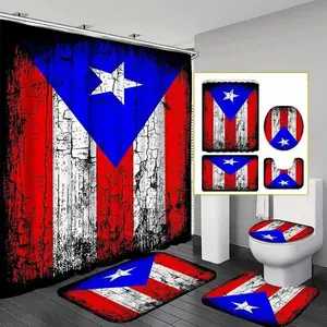 Puerto Rico Flag Pattern Bathroom Decorations, 4 Countsset Including Shower Curtain & Toilet U-shape Mat & Toilet Lid Cover & Rectangular Mat, Bathroom Accessories